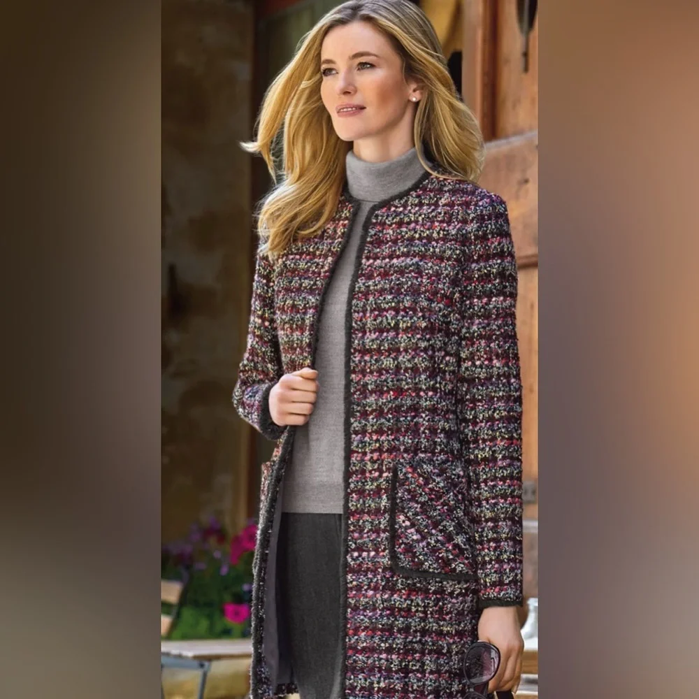 Helene Berman London Tweed edge-to-edge Fringed Jacket Pink Gray Gold